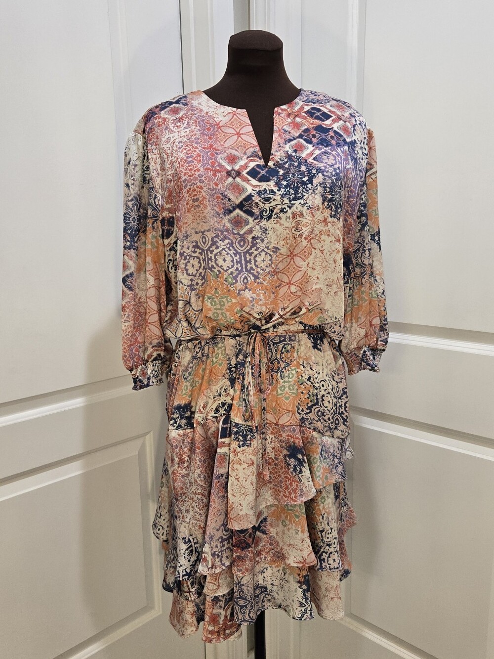 Johnston & Murphy Multi Patchwork Printed Tiered Dress XL